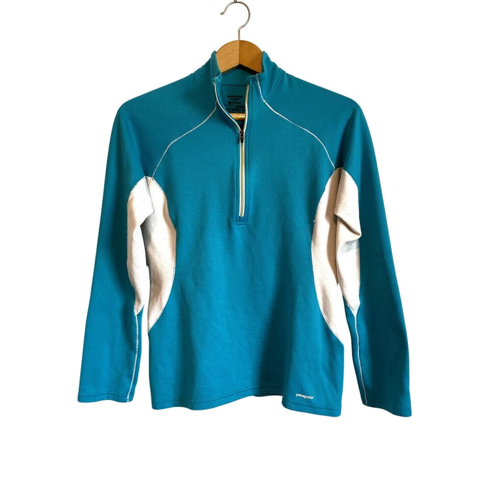 Patagonia Capilene 3 Midweight Pullover Jacket Aqua Blue Quarter Zip Logo Small